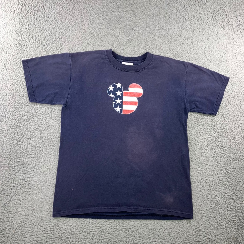 Vtg 90s Walt Disney World Mickey Mouse USA Flag T-Shirt Blue MenS Sun Faded